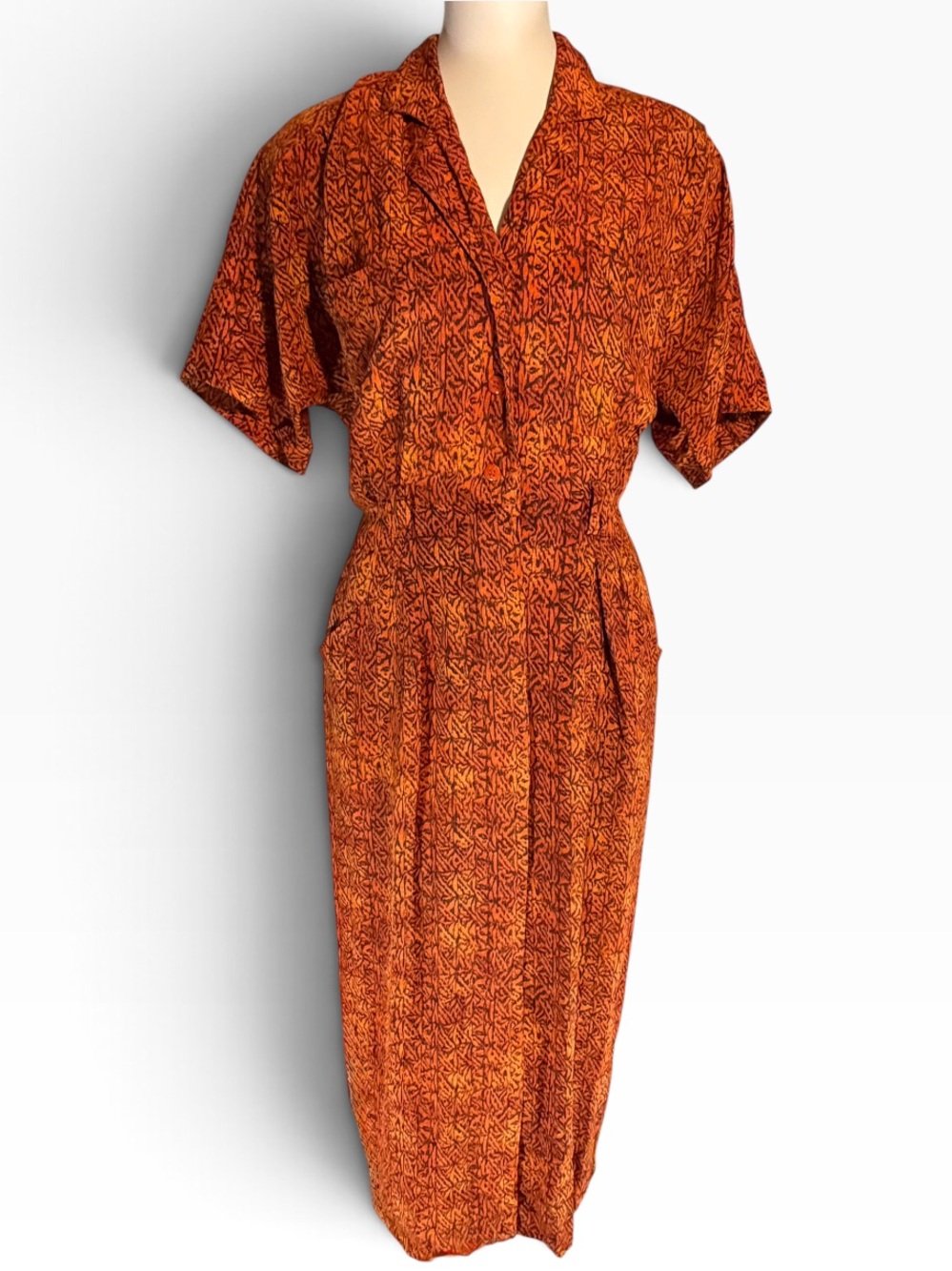 Vintage 80s Linda Allard Ellen Tracy Silk Shirt Dress 8 Rust Animal Print
